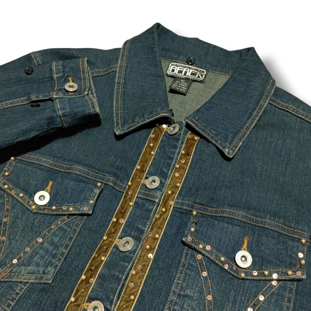 Y2K Berek 2 Denim Jacket Womens 1XL Bedazzeled‎ Jean New Beaded Hippie Unique